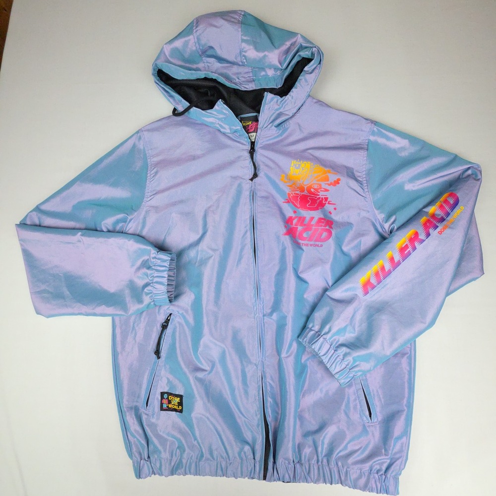 Killer Acid Iridescent Windbreaker Jacket Mens M Purple Hoodie "Dose the World"